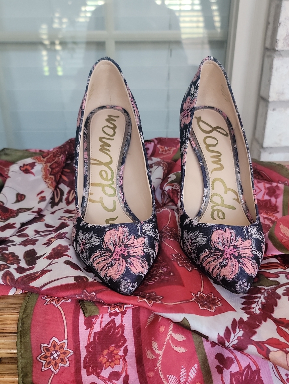 Sam Edelman Floral Pink and Black Pointed Toe Pumps
